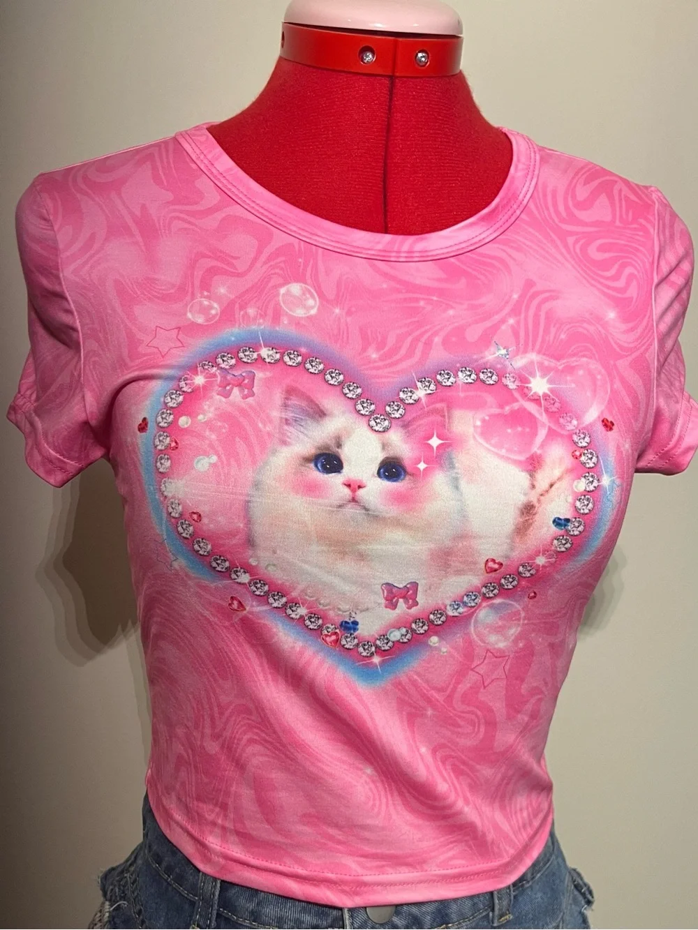 Two Cute Pink Cat Heart Graphic Pet Lover Tees M